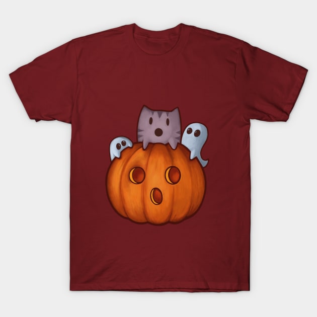 Cute cat and pumpkin with spooky ghosts Halloween T-Shirt by Mazz8 Designs